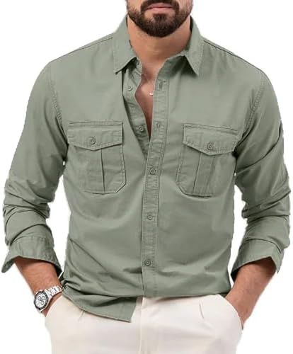 Camicia sportiva estiva da uomo a maniche lunghe con tasche cargo, tinta unita, avanzata