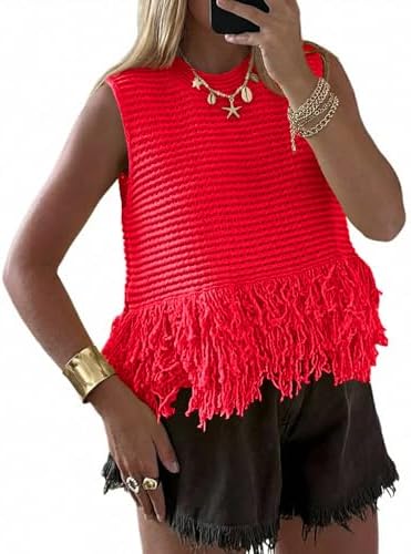 Top corto da donna all'uncinetto, senza maniche, con frange, scollo tondo, stile boho chic, gilet estivo in maglia