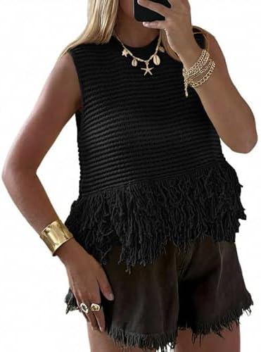 Top corto da donna all'uncinetto, senza maniche, con frange, scollo tondo, stile boho chic, gilet estivo in maglia