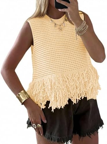 Top corto da donna all'uncinetto, senza maniche, con frange, scollo tondo, stile boho chic, gilet estivo in maglia
