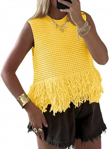 Top corto da donna all'uncinetto, senza maniche, con frange, scollo tondo, stile boho chic, gilet estivo in maglia