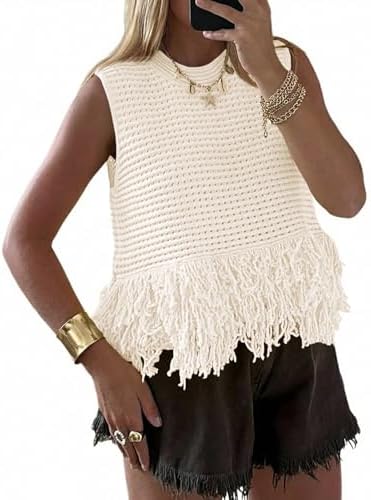 Top corto da donna all'uncinetto, senza maniche, con frange, scollo tondo, stile boho chic, gilet estivo in maglia