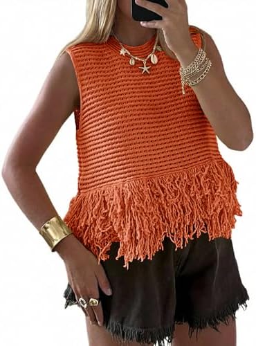 Top corto da donna all'uncinetto, senza maniche, con frange, scollo tondo, stile boho chic, gilet estivo in maglia