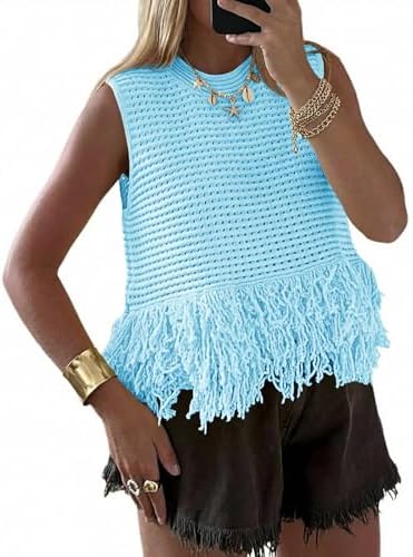 Top corto da donna all'uncinetto, senza maniche, con frange, scollo tondo, stile boho chic, gilet estivo in maglia