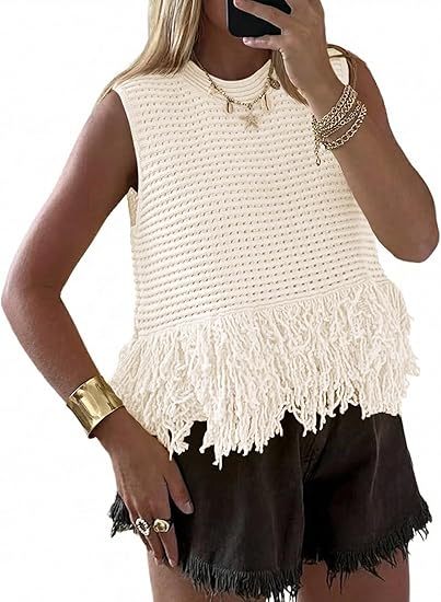 Top corto da donna all'uncinetto, senza maniche, con frange, scollo tondo, stile boho chic, gilet estivo in maglia