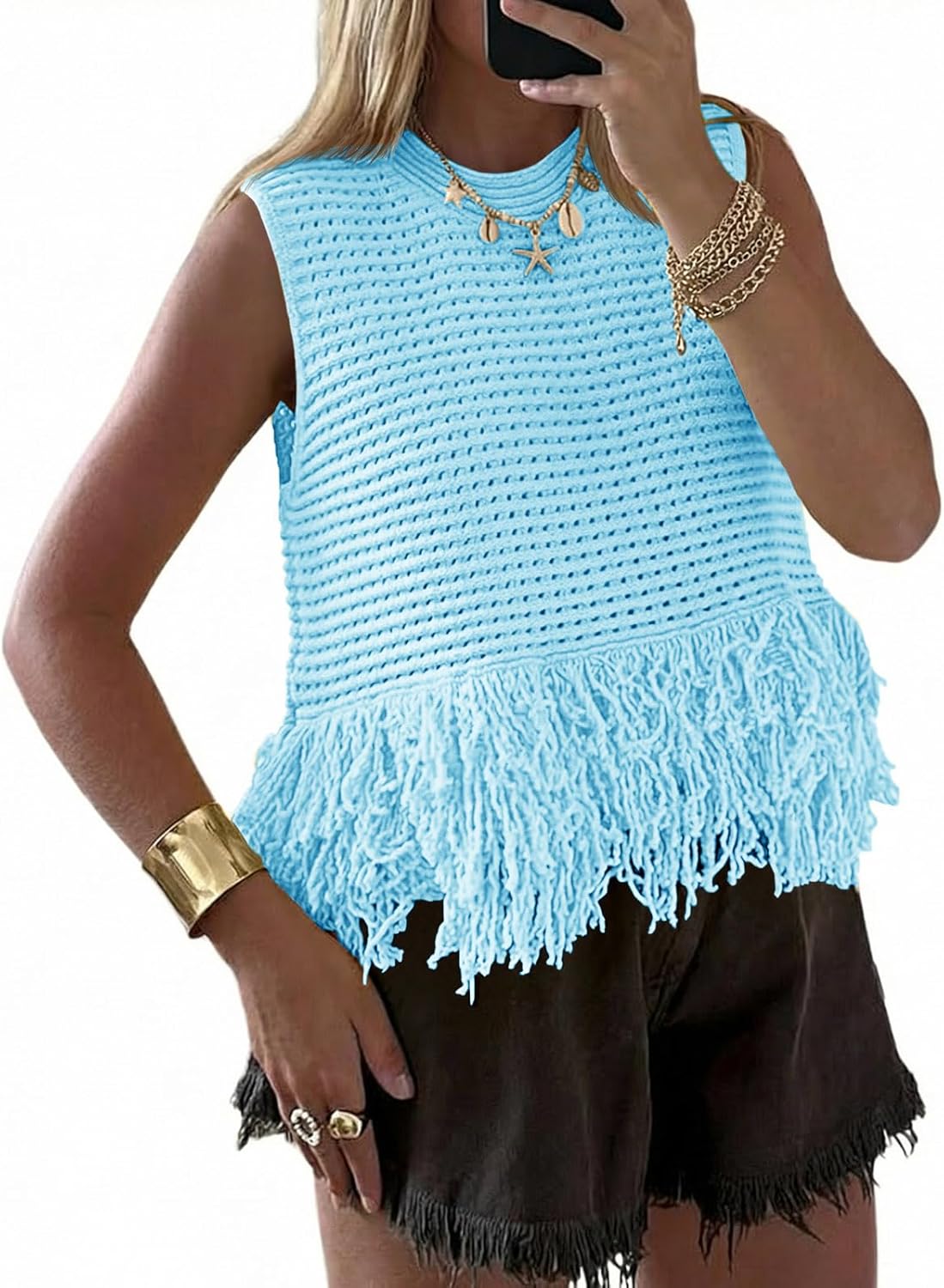 Top corto da donna all'uncinetto, senza maniche, con frange, scollo tondo, stile boho chic, gilet estivo in maglia