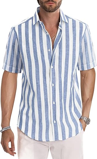 Camicia da uomo casual ed elegante a maniche corte con bottoni, a righe, in cotone, da spiaggia