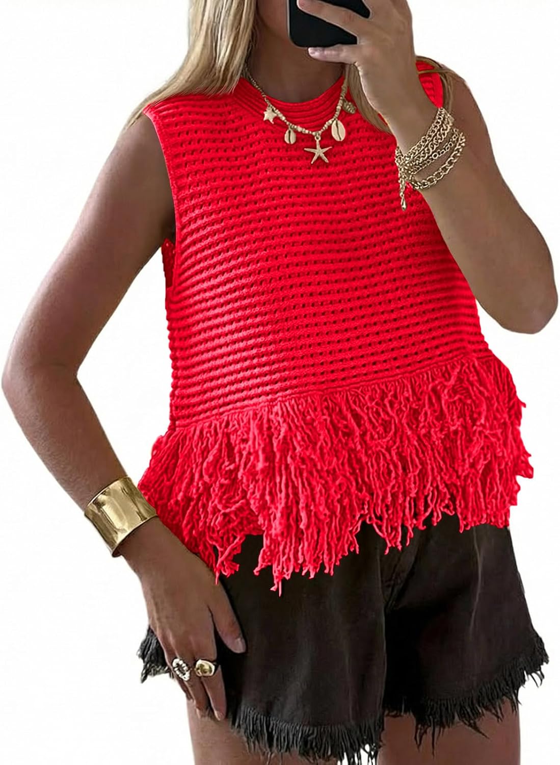 Top corto da donna all'uncinetto, senza maniche, con frange, scollo tondo, stile boho chic, gilet estivo in maglia
